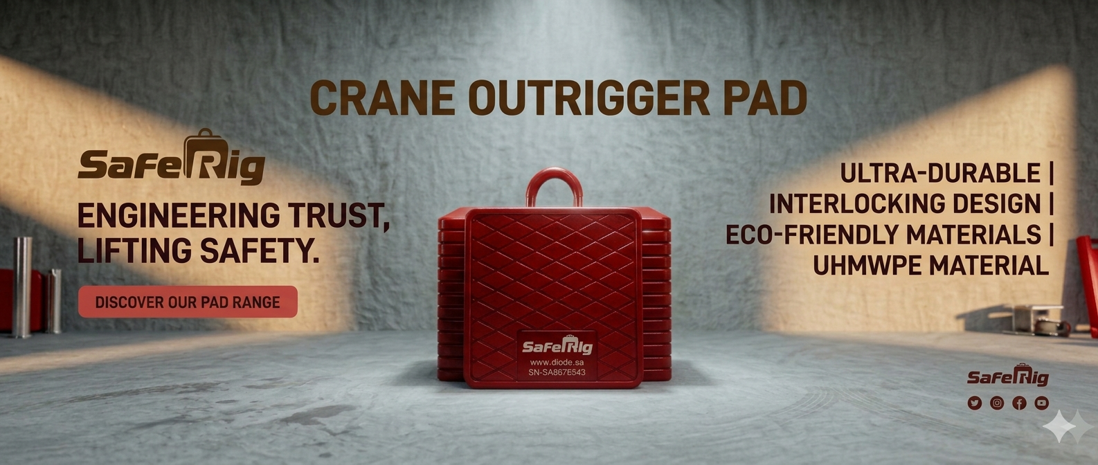 SafeRig UHMWPE crane outrigger pad in red - engineering trust, lifting safety