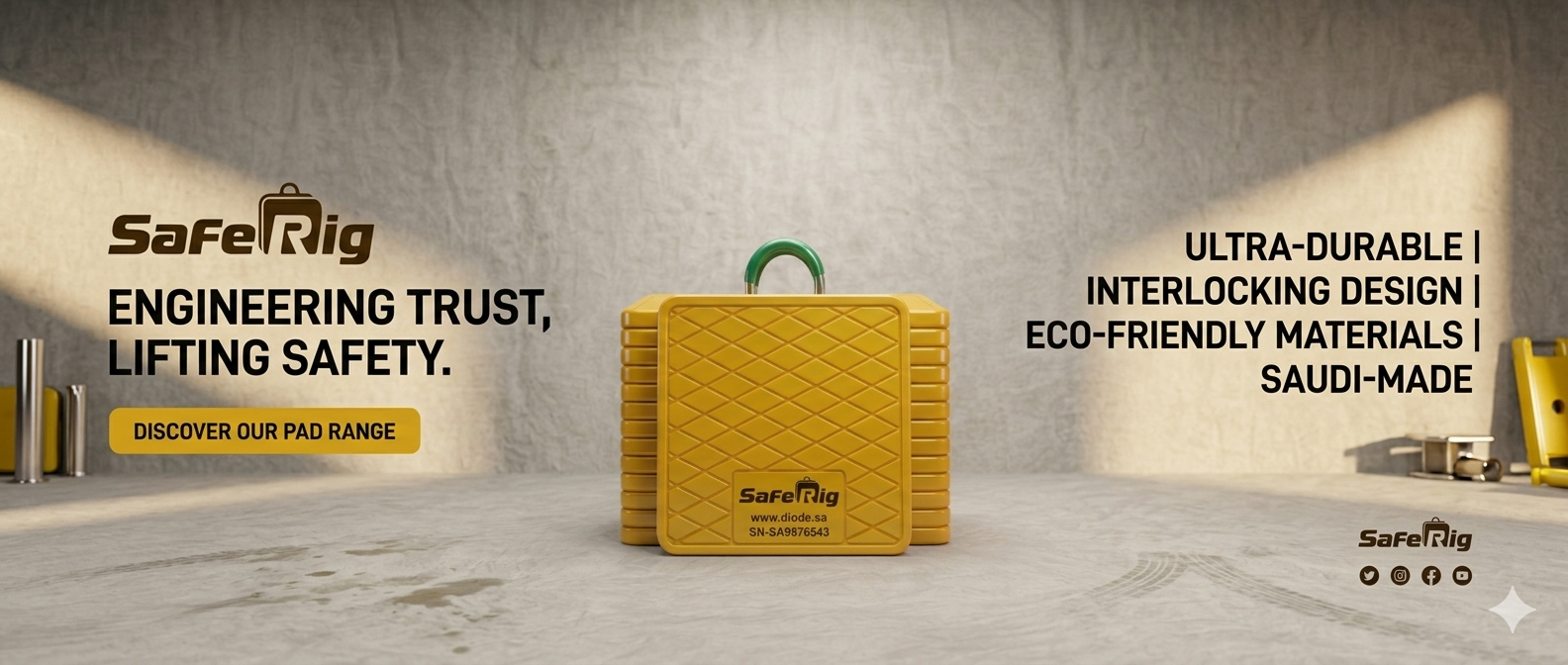 SafeRig UHMWPE crane outrigger pad in yellow, Saudi-made - engineering trust, lifting safety